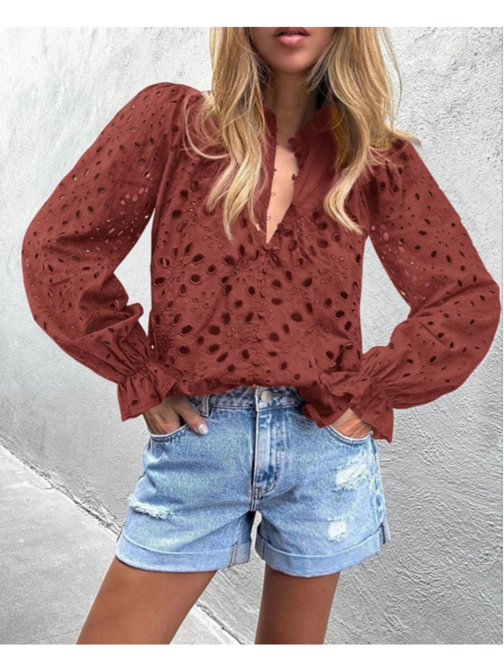 NEW Long Sleeve Button V Neck Hollow Out Lace Embroidered Shirt S - Picture 7 of 8